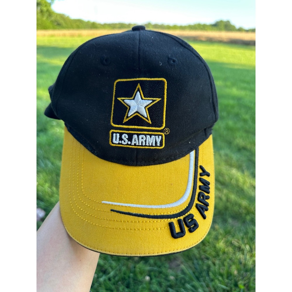 US Army Baseball Hat Black Yellow Army Strong Adjustable Strap Cap Veteran‎ Star